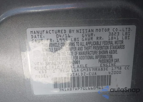 2016 Nissan Sentra Fe+ S/S/Sl/Sr/Sv z USA, uszkodzony, nr VIN 3N1AB7AP7GL660961